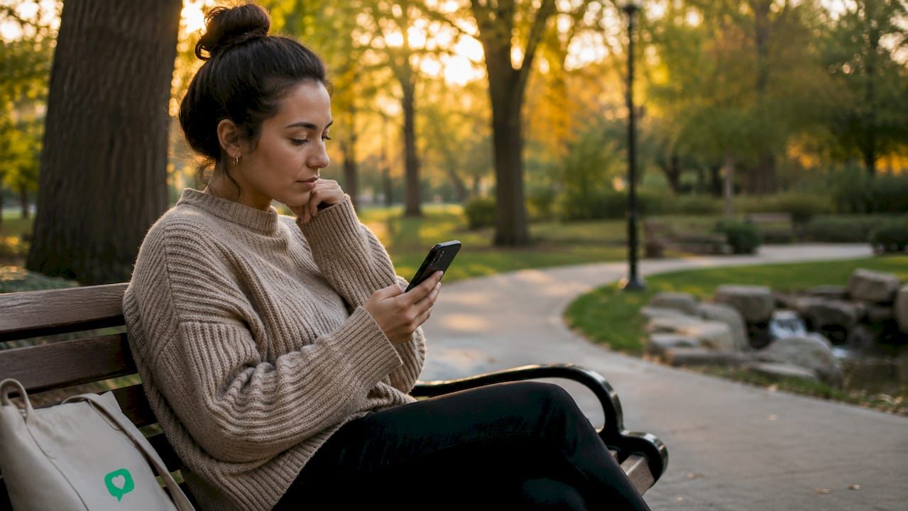 Frau schaut besorgt auf ihr Smartphone aus Angst, etwas zu verpassen