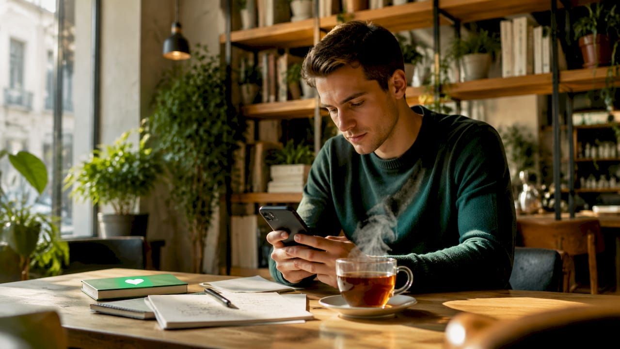 Ein junger Mann macht sich Gedanken über seinen Umgang mit dem Smartphone.