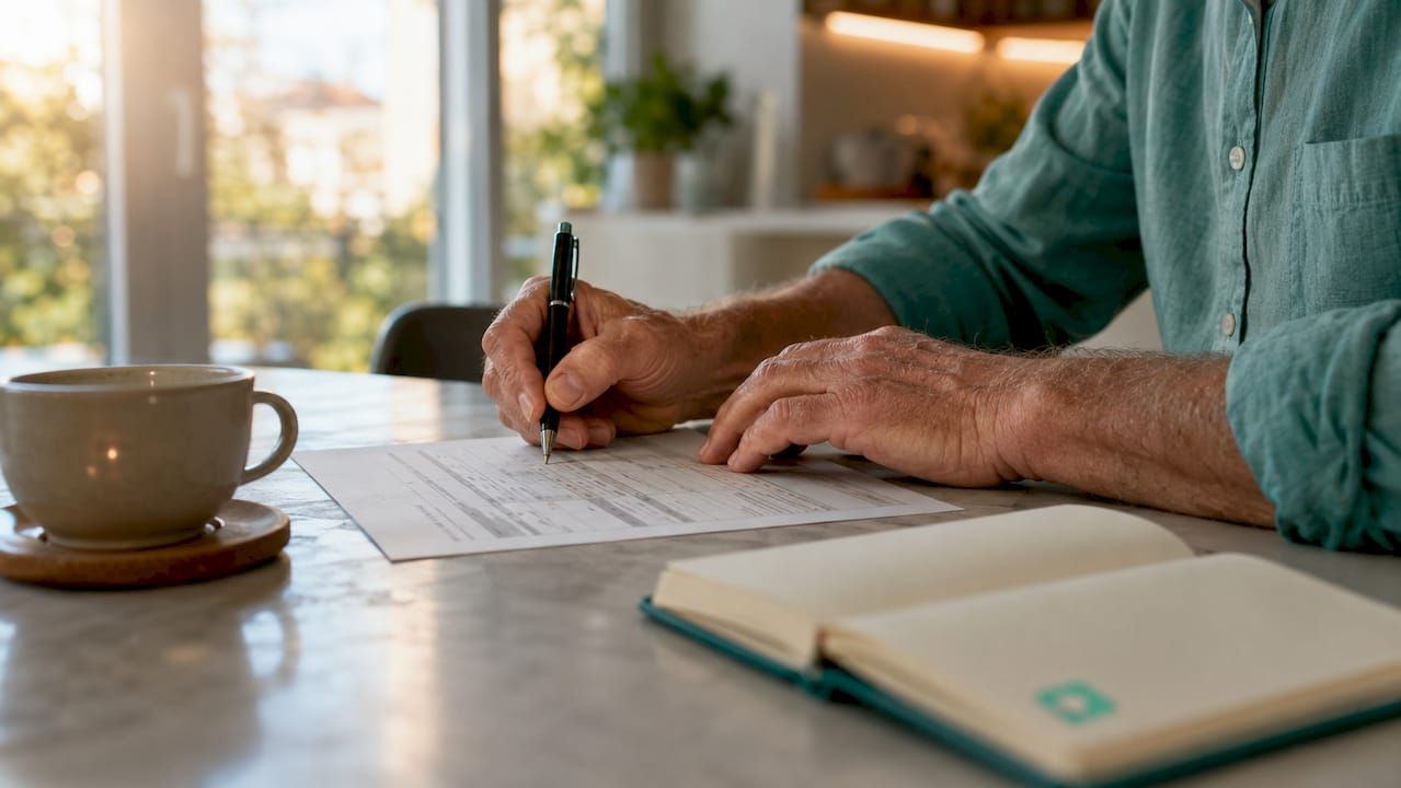 Hände tragen Therapiegespräche in eine Dokumentationsvorlage ein, die auf dem Tisch liegt.