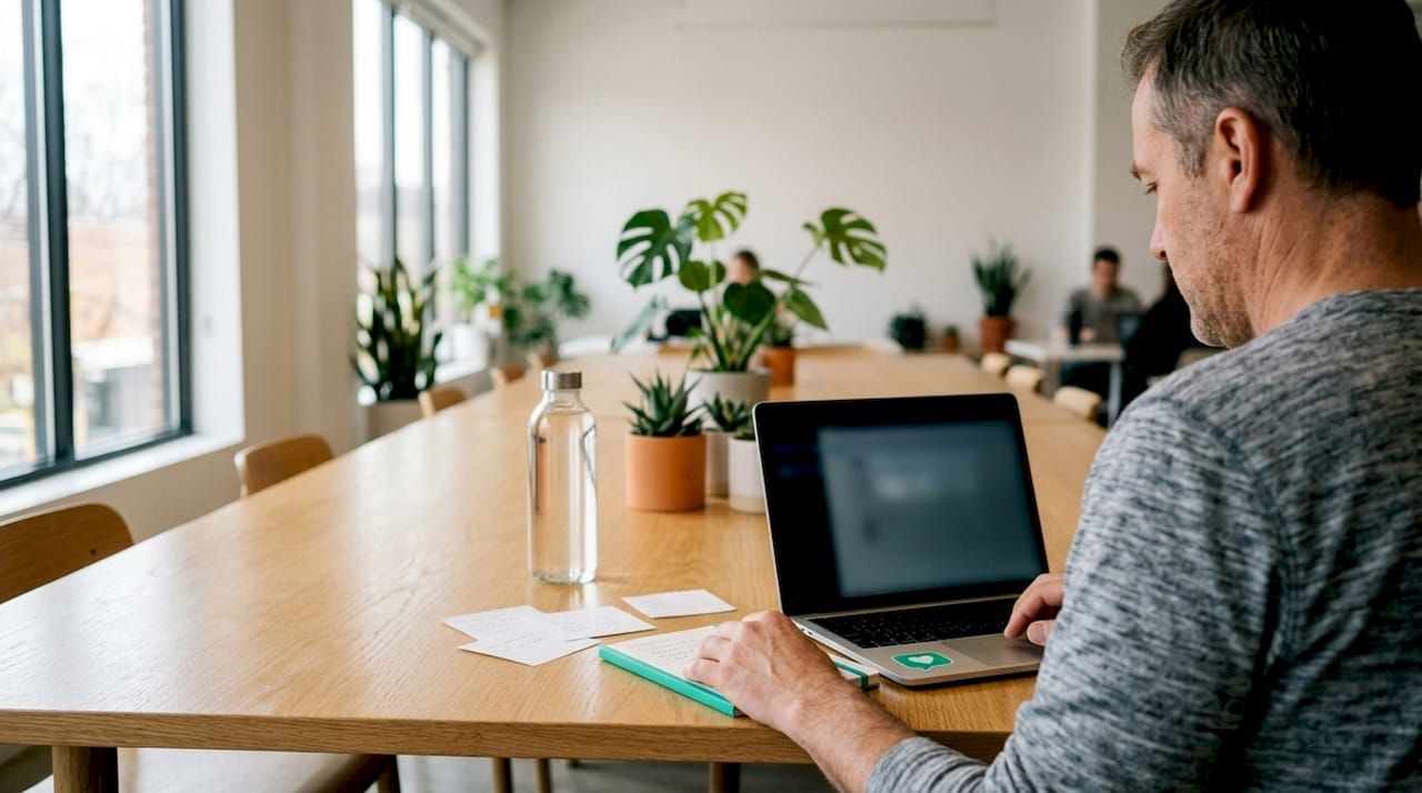 Ein Mann sitzt am Schreibtisch und überprüft die neuesten Änderungen in seinem Online-Profil.