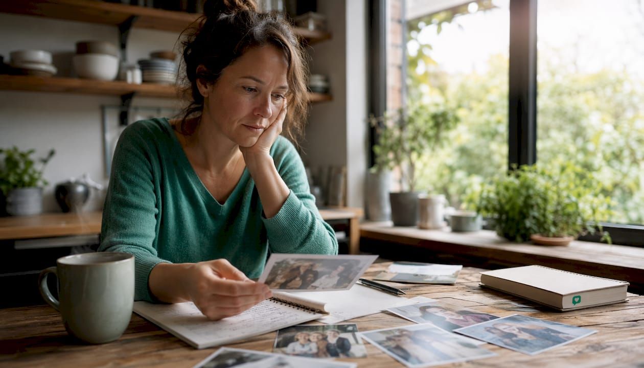 Eine Frau sitzt am Tisch und vertieft sich in alte Familienfotos und handgeschriebene Notizen.