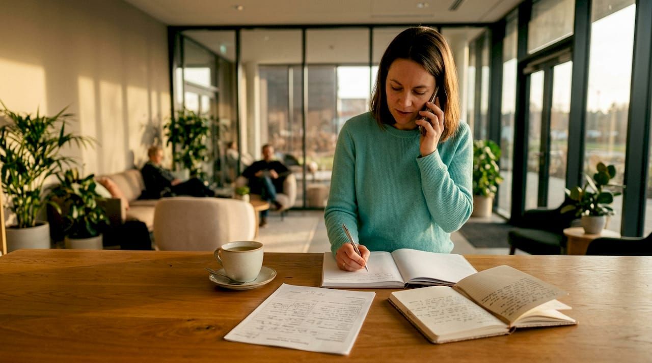 Eine Beraterin sitzt in einer Kabine, telefoniert mit einer hilfesuchenden Person und notiert dabei sofortige Unterstützungsmaßnahmen.