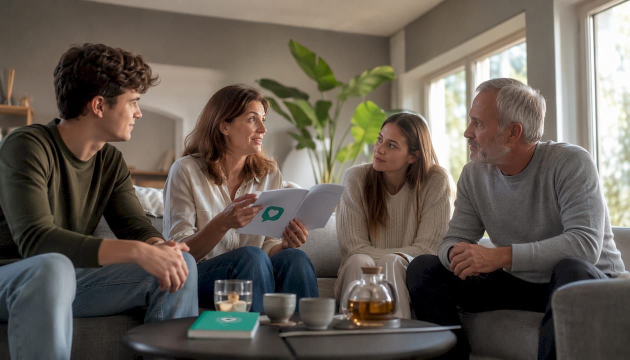 Familienangehörige tauschen sich über Informationen zur psychoedukativen Therapie aus.