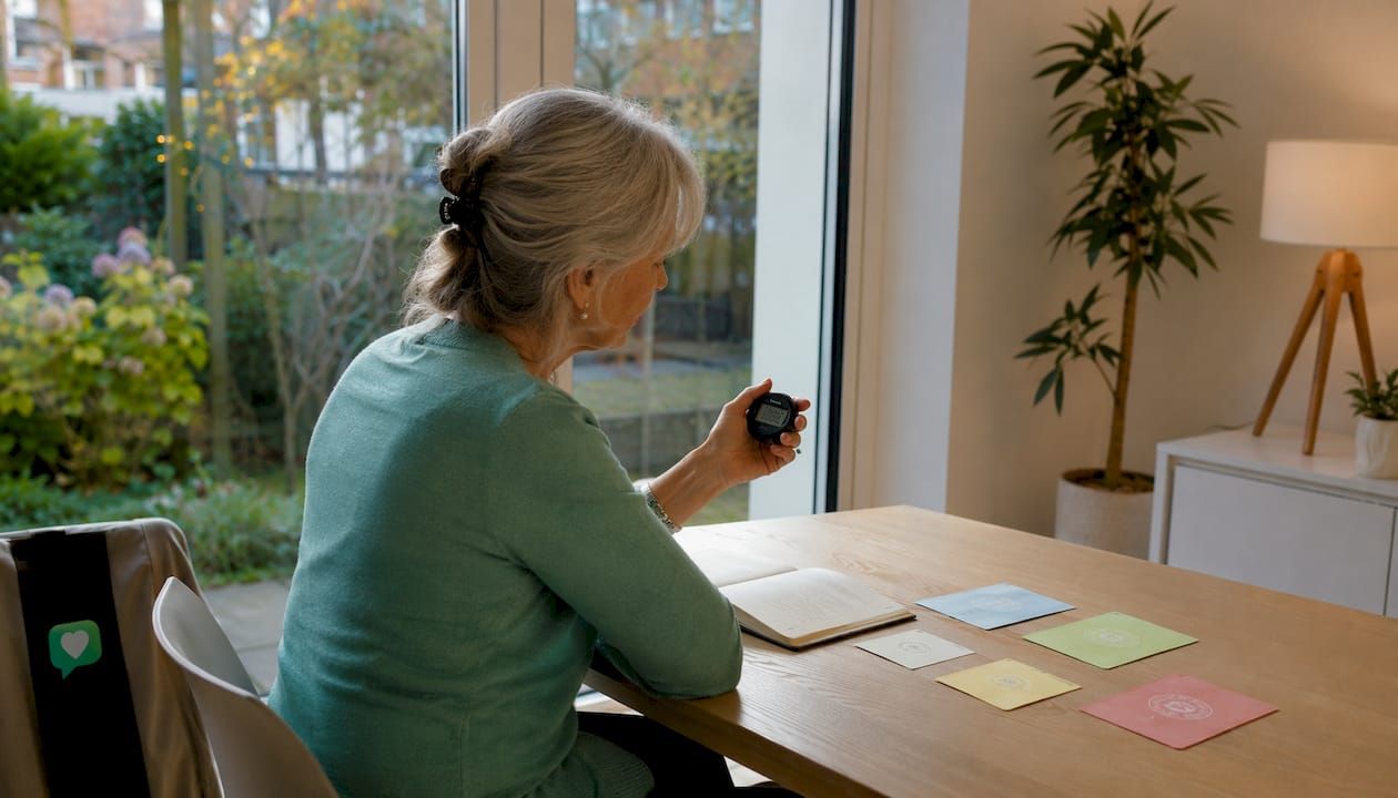 Eine Frau stoppt die Zeit während einer Angstübung am Küchentisch.
