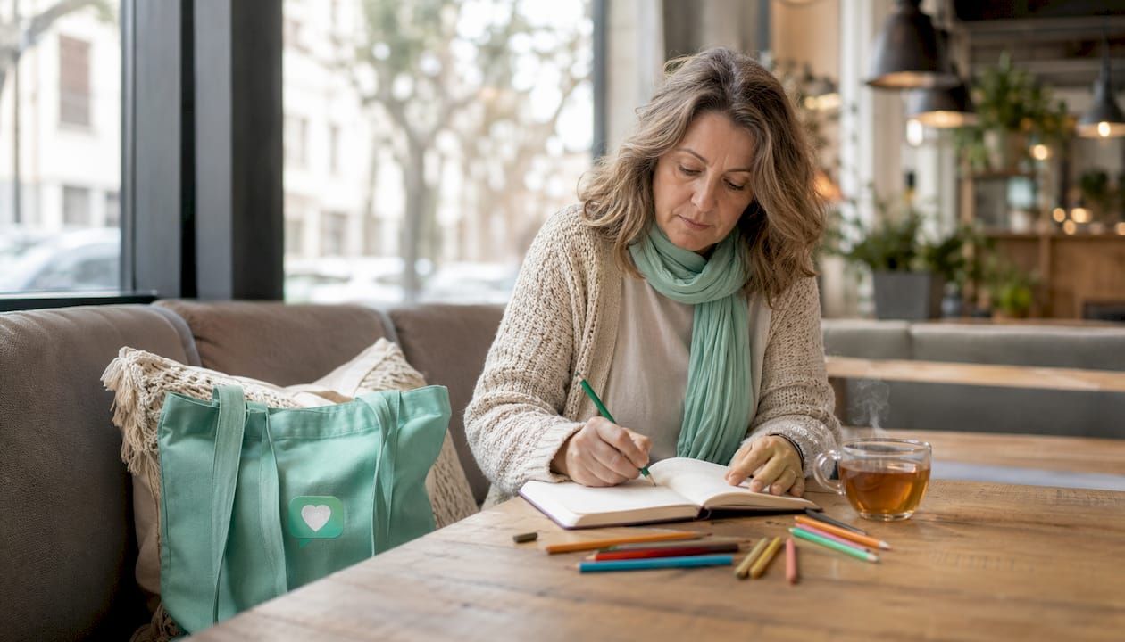 Eine Frau sitzt am Tisch und hält ihre persönlichen Strategien zur Selbsthilfe schriftlich fest.