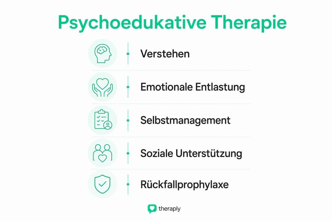 Die Infografik veranschaulicht die einzelnen Schritte sowie die Zielsetzungen der Psychoedukation auf einen Blick.