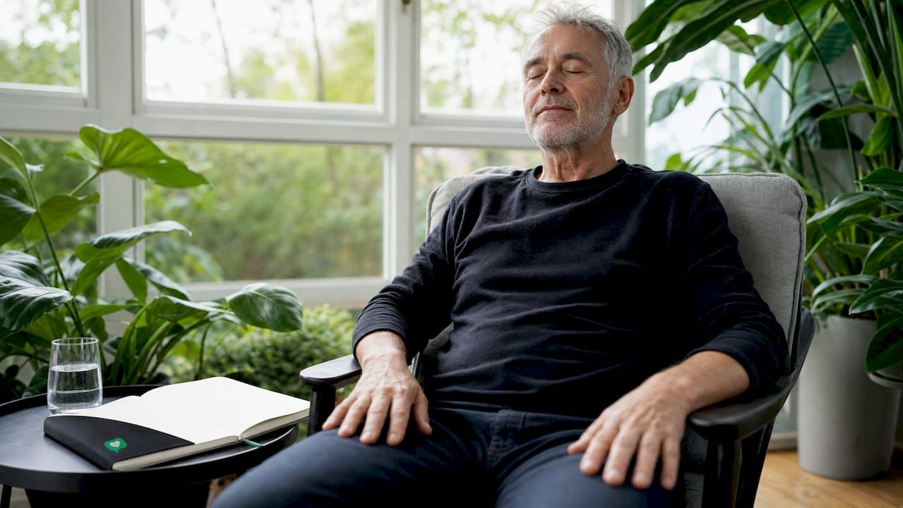 Ein Mann sitzt entspannt in seinem gemütlichen Arbeitszimmer und übt bewusstes, tiefes Atmen zur Meditation.
