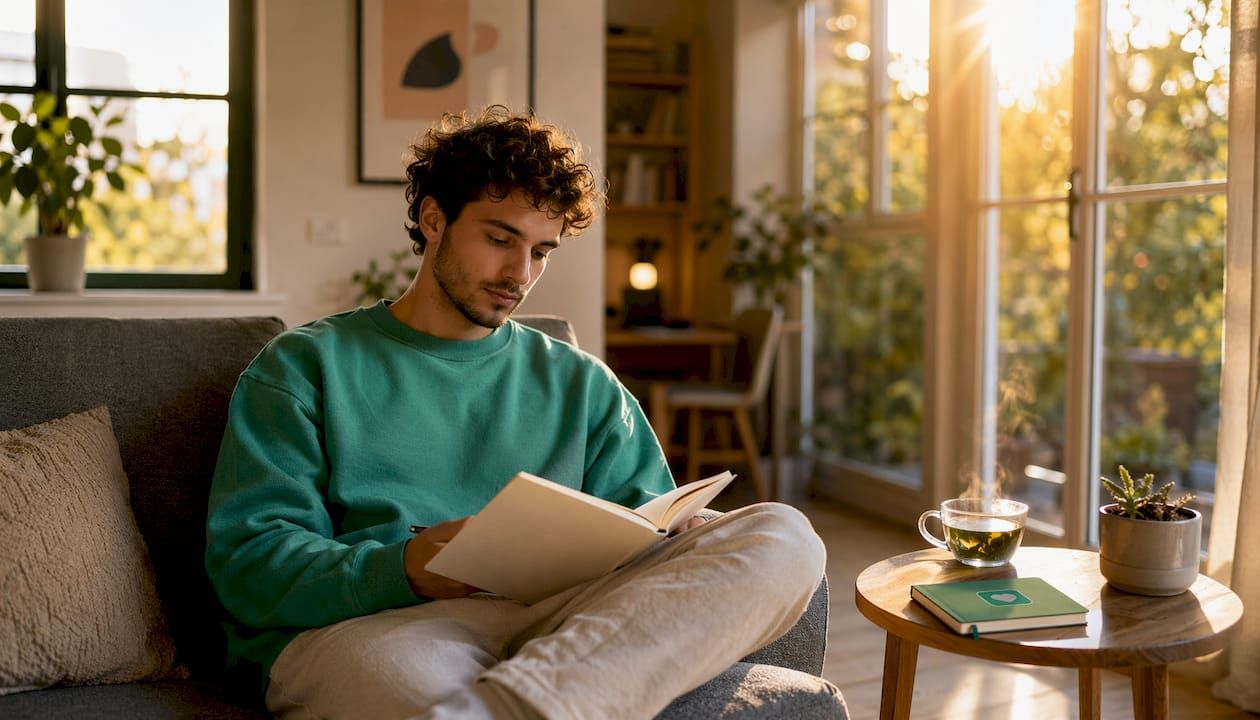 Ein Mensch hält ein Notizbuch in den Händen, bereit für therapeutische Tagebucheinträge.